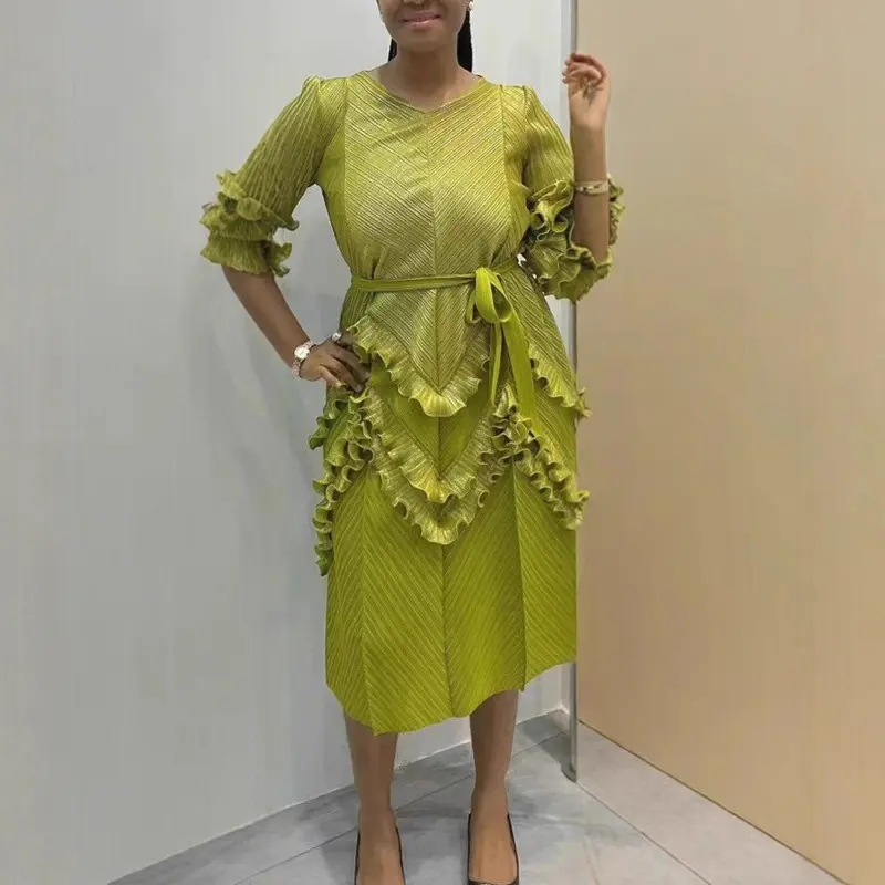 LANMREM High-end Pleated Women's Dress Fashion Gold Foil Printing Elegant Elastic Loose Lace Up Stringy Selvedge Design Clothing