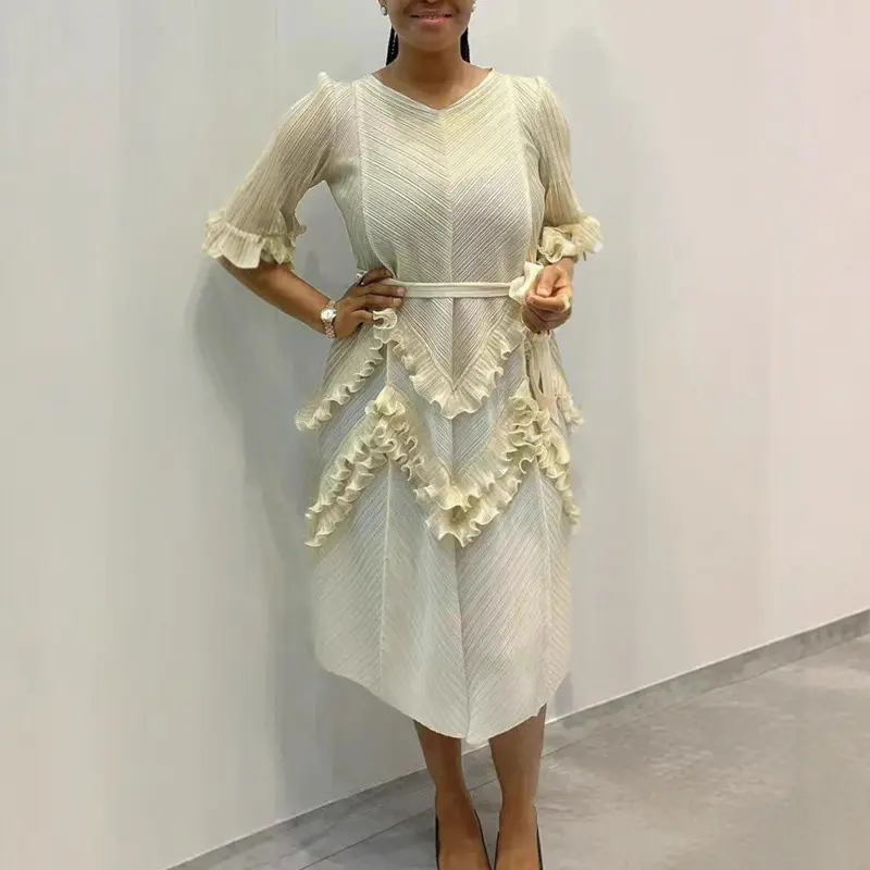 LANMREM High-end Pleated Women's Dress Fashion Gold Foil Printing Elegant Elastic Loose Lace Up Stringy Selvedge Design Clothing