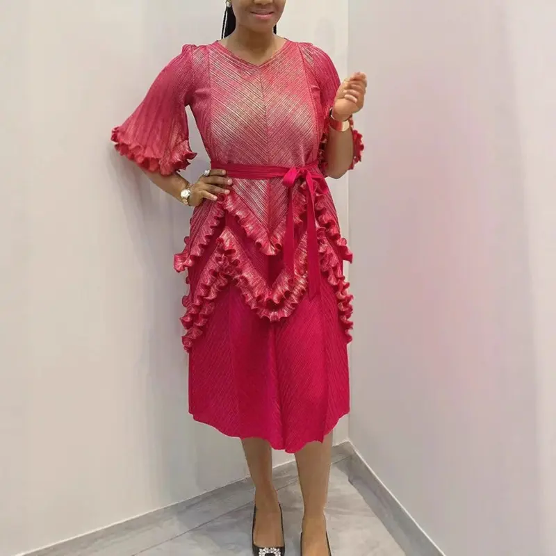 LANMREM High-end Pleated Women's Dress Fashion Gold Foil Printing Elegant Elastic Loose Lace Up Stringy Selvedge Design Clothing
