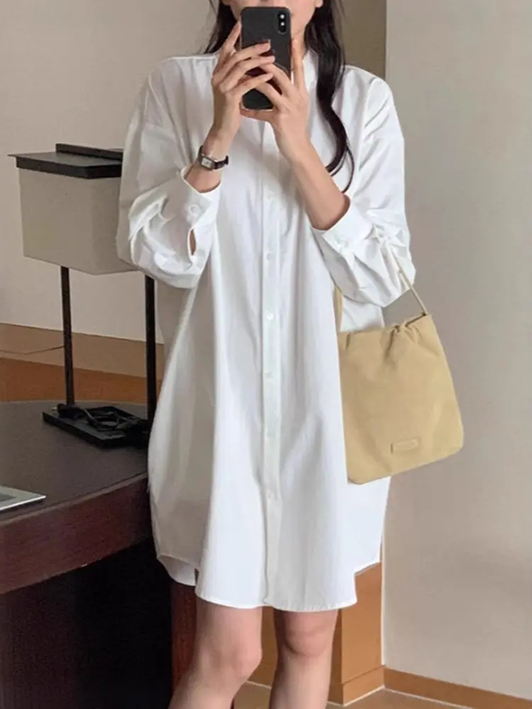 LANMREM Minimalist Stand Collar Shirt Style Dress Women's Loose Korean Chic Single Breasted Long Sleeve White Dresses 2DB3177