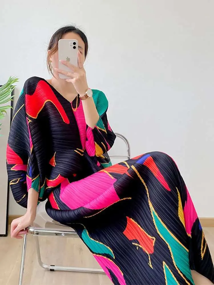 LANMREM Midi Batwing Sleeves Dress Women's V Neck Printing Pleated Loose Dresses Female Fashion Festival Clothing 2R1789