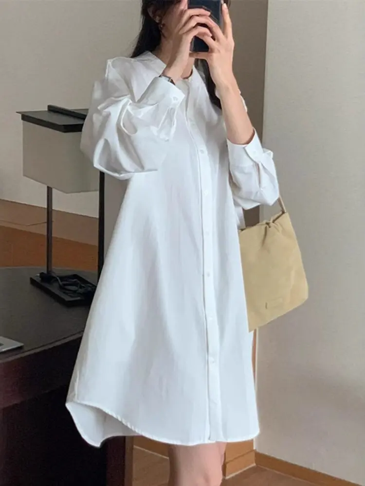 LANMREM Minimalist Stand Collar Shirt Style Dress Women's Loose Korean Chic Single Breasted Long Sleeve White Dresses 2DB3177
