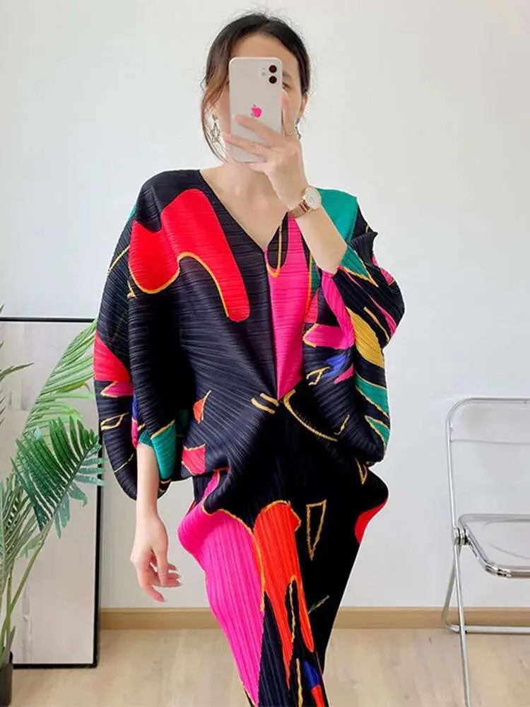 LANMREM Midi Batwing Sleeves Dress Women's V Neck Printing Pleated Loose Dresses Female Fashion Festival Clothing 2R1789