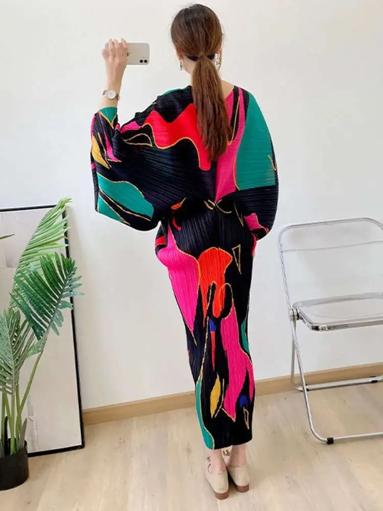 LANMREM Midi Batwing Sleeves Dress Women's V Neck Printing Pleated Loose Dresses Female Fashion Festival Clothing 2R1789