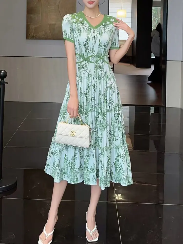 LANMREM V Collar Causal Printting Short Sleeve Pleated Dress For Women 2025 New Loose Casual High Waist A-line Summer Dresses