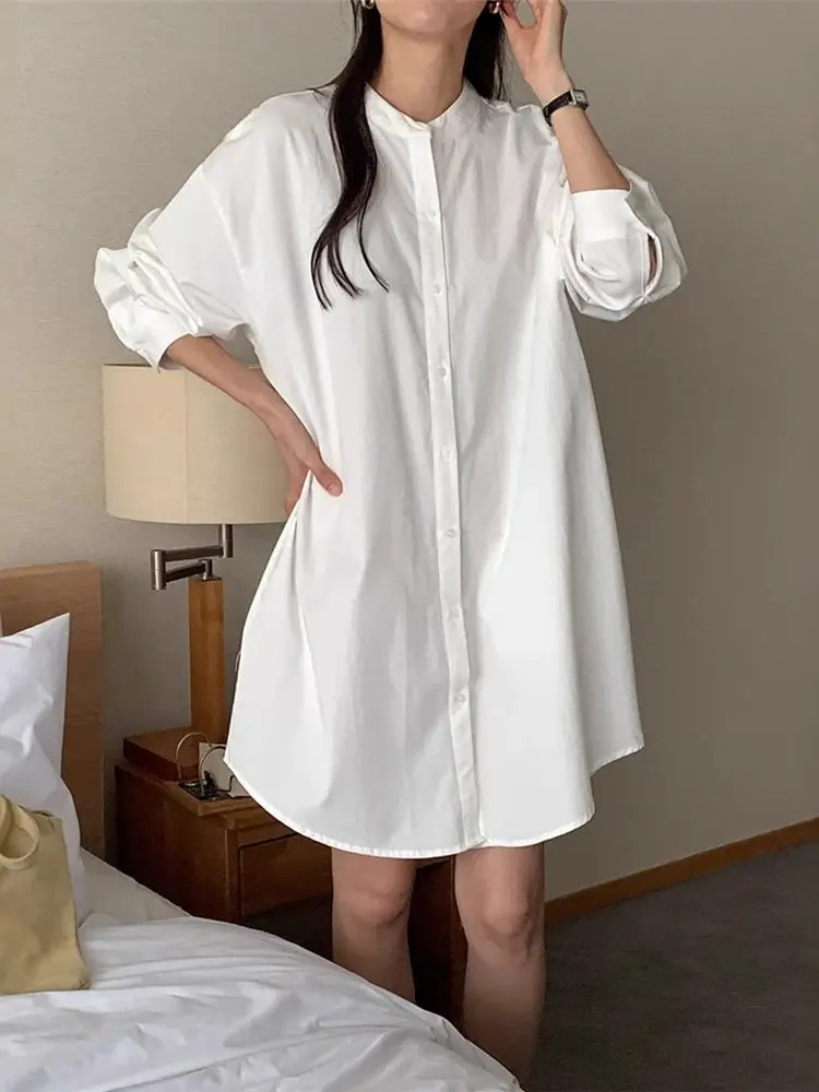 LANMREM Minimalist Stand Collar Shirt Style Dress Women's Loose Korean Chic Single Breasted Long Sleeve White Dresses 2DB3177