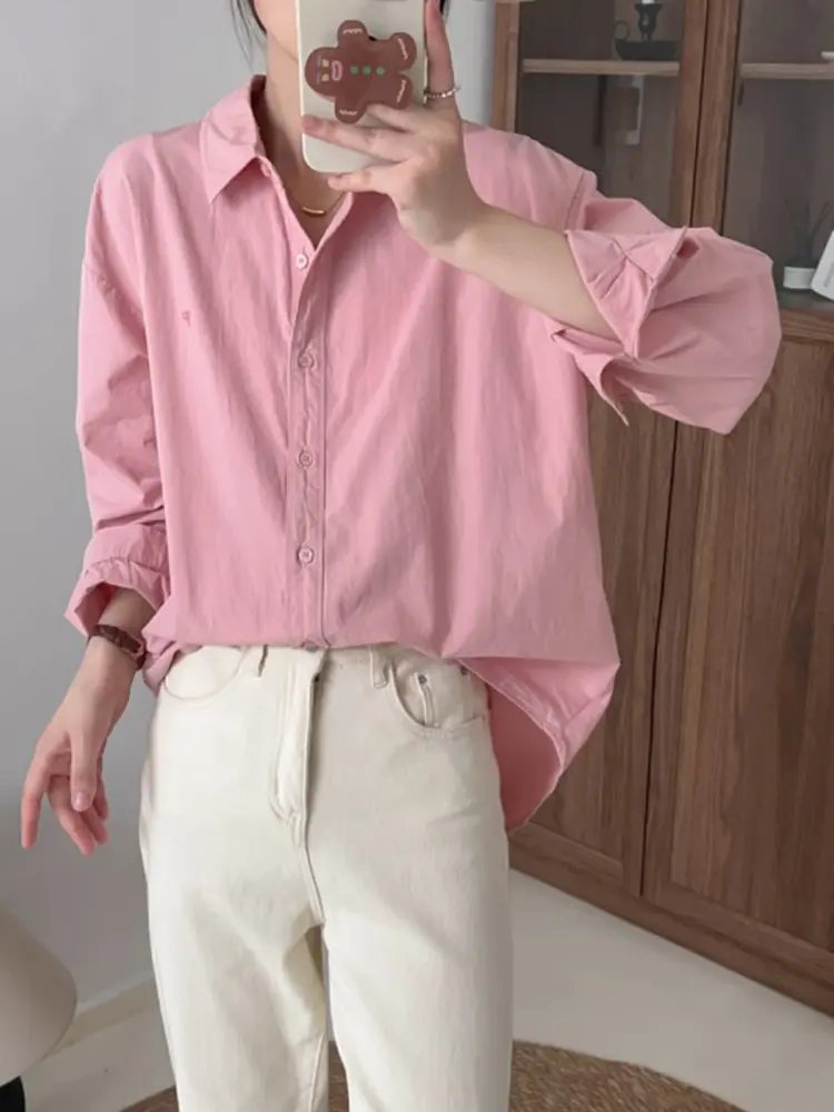 LANMREM Simple Pink Long Sleeve Shirt For Women 2025 New Korean Chic Loose Single Breasted Lapel Design Blouse Tops 2DB2728