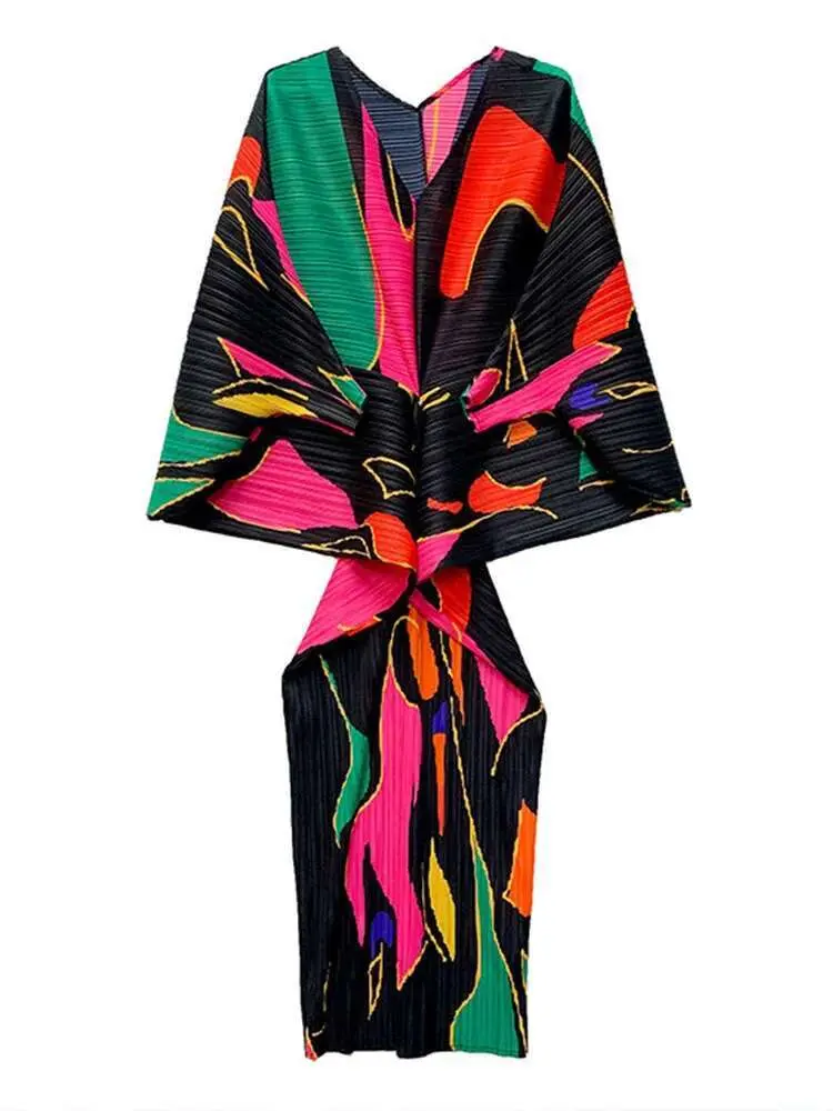 LANMREM Midi Batwing Sleeves Dress Women's V Neck Printing Pleated Loose Dresses Female Fashion Festival Clothing 2R1789