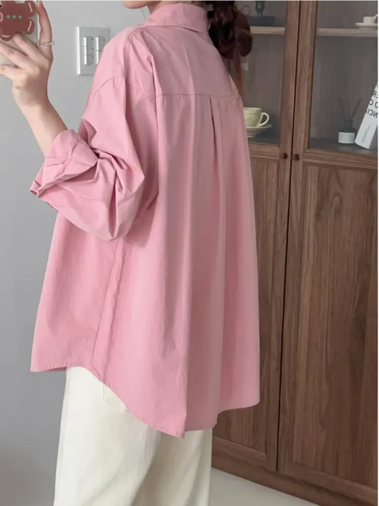 LANMREM Simple Pink Long Sleeve Shirt For Women 2025 New Korean Chic Loose Single Breasted Lapel Design Blouse Tops 2DB2728