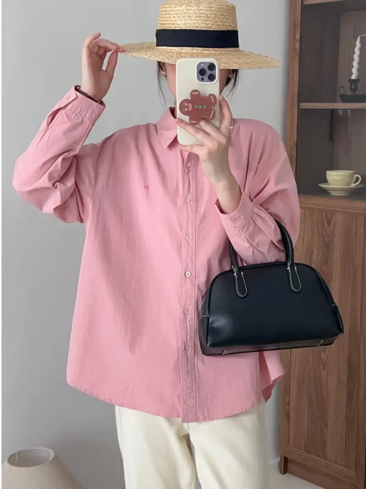 LANMREM Simple Pink Long Sleeve Shirt For Women 2025 New Korean Chic Loose Single Breasted Lapel Design Blouse Tops 2DB2728