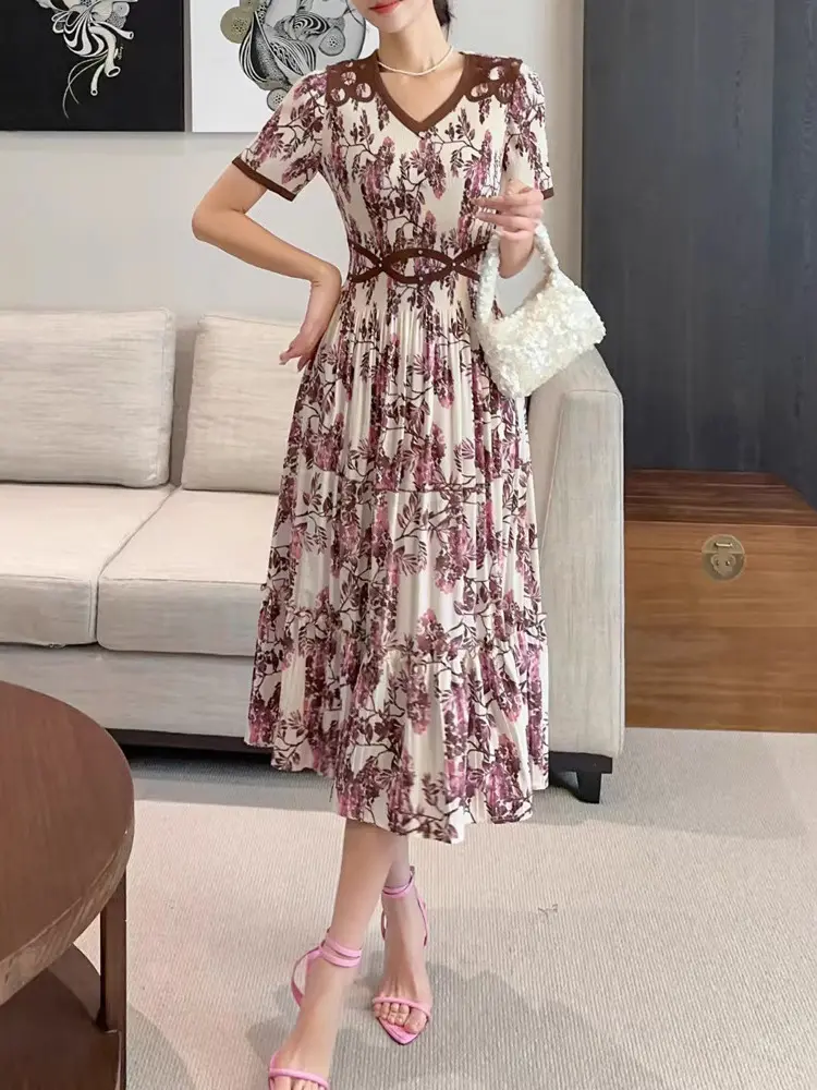 LANMREM V Collar Causal Printting Short Sleeve Pleated Dress For Women 2025 New Loose Casual High Waist A-line Summer Dresses