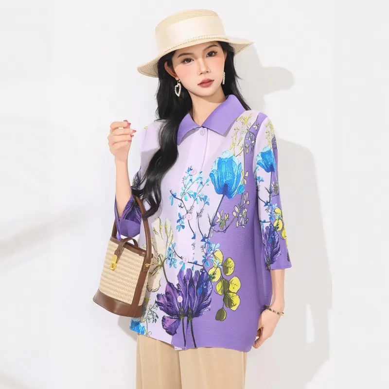 LANMREM Printting Pleated New Women's Cardigan Single Breasted Top Fashion Loose Top Casual Three Quarter Sleeve Shirt 2DB4164