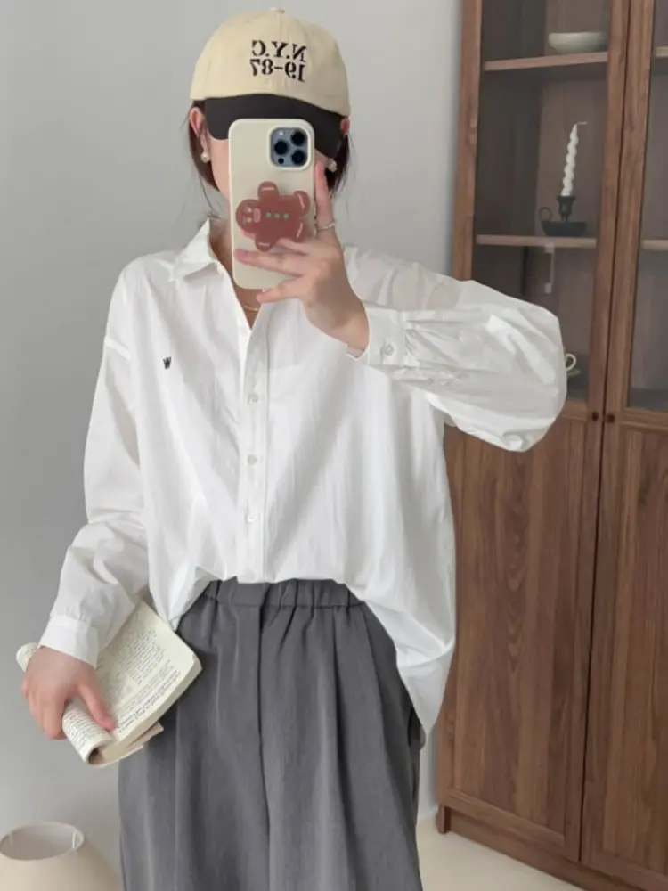 LANMREM Simple Pink Long Sleeve Shirt For Women 2025 New Korean Chic Loose Single Breasted Lapel Design Blouse Tops 2DB2728