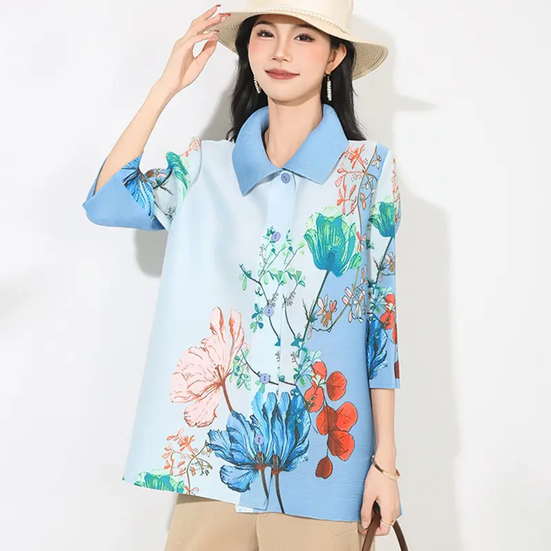 LANMREM Printting Pleated New Women's Cardigan Single Breasted Top Fashion Loose Top Casual Three Quarter Sleeve Shirt 2DB4164