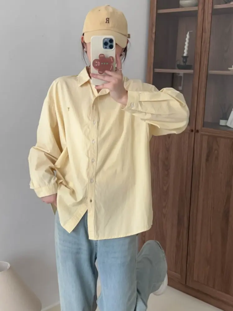 LANMREM Simple Pink Long Sleeve Shirt For Women 2025 New Korean Chic Loose Single Breasted Lapel Design Blouse Tops 2DB2728