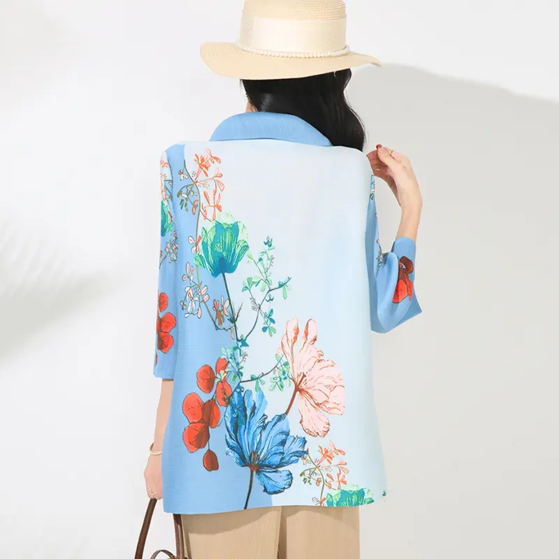 LANMREM Printting Pleated New Women's Cardigan Single Breasted Top Fashion Loose Top Casual Three Quarter Sleeve Shirt 2DB4164