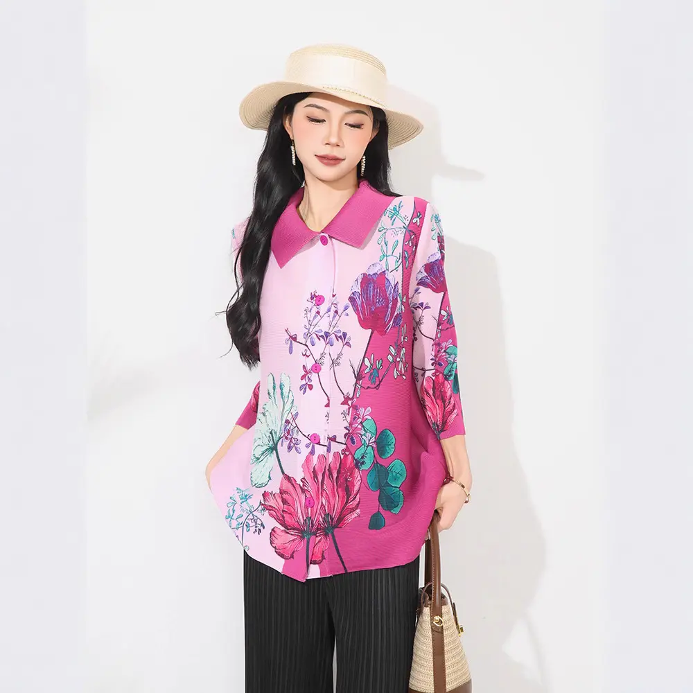 LANMREM Printting Pleated New Women's Cardigan Single Breasted Top Fashion Loose Top Casual Three Quarter Sleeve Shirt 2DB4164