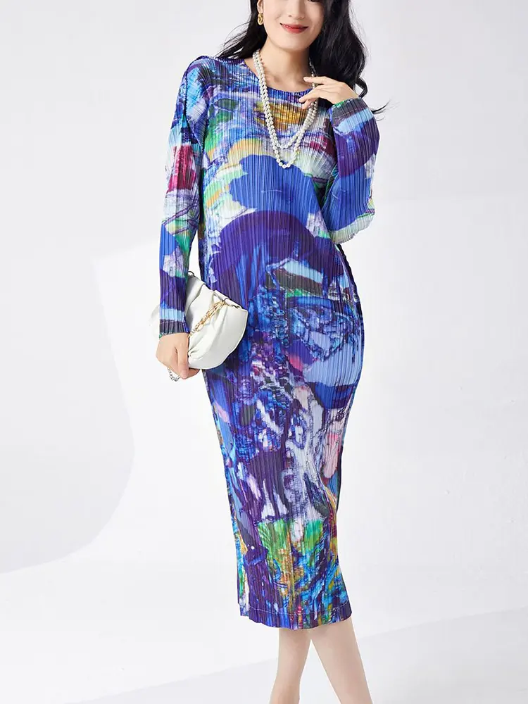 LANMREM Women's Pleated Print Dress O-neck Long-sleeve Temperament All-matching Dresses Female Fashion 2025 Spring Summer 2DE435