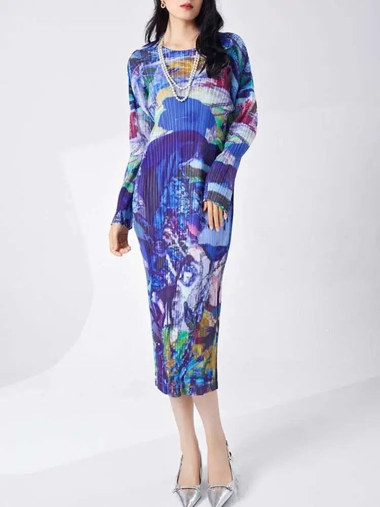 LANMREM Women's Pleated Print Dress O-neck Long-sleeve Temperament All-matching Dresses Female Fashion 2025 Spring Summer 2DE435