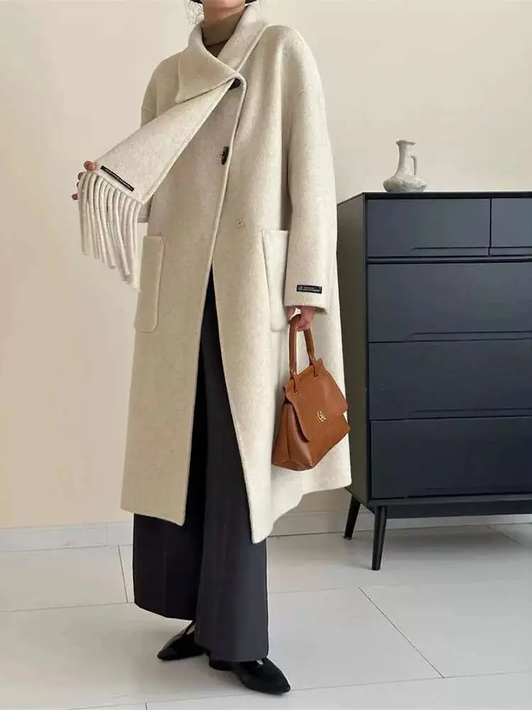 LANMREM Fashion Double Sided Woolen Coat Women's Scarf Collar Single Breasted Solid Color Versatile Coats 2025 Spring New 2Z2320