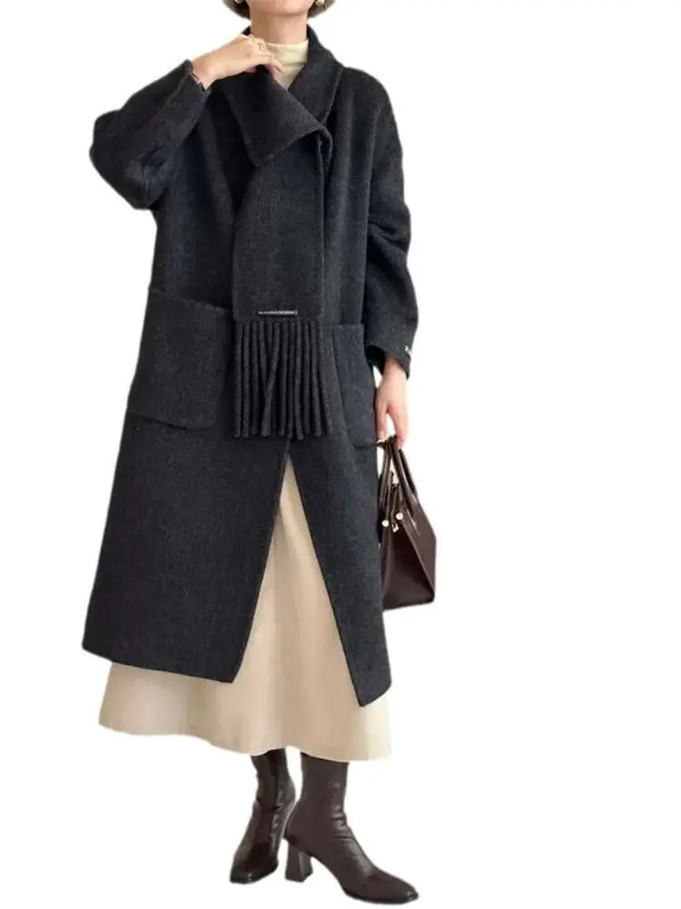 LANMREM Fashion Double Sided Woolen Coat Women's Scarf Collar Single Breasted Solid Color Versatile Coats 2025 Spring New 2Z2320