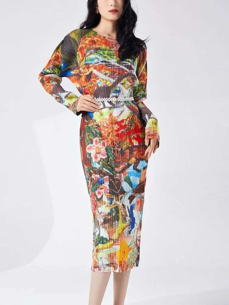 LANMREM Women's Pleated Print Dress O-neck Long-sleeve Temperament All-matching Dresses Female Fashion 2025 Spring Summer 2DE435