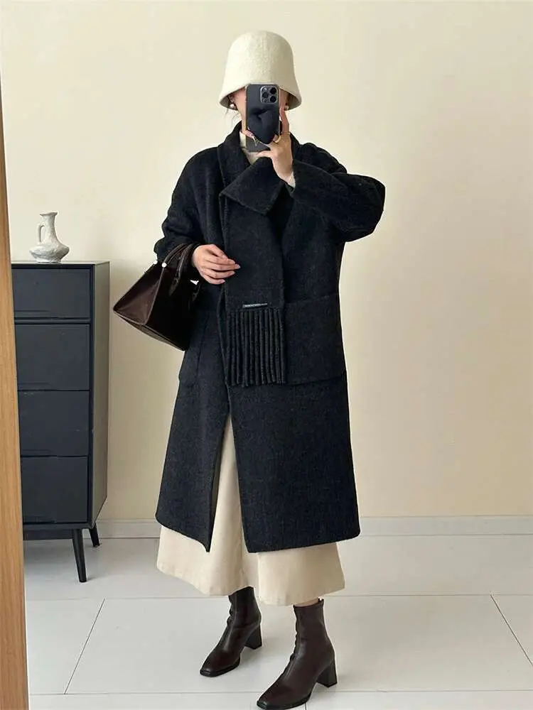 LANMREM Fashion Double Sided Woolen Coat Women's Scarf Collar Single Breasted Solid Color Versatile Coats 2025 Spring New 2Z2320