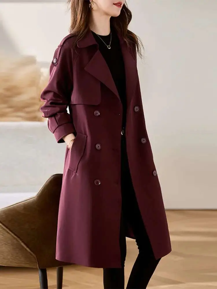 LANMREM Wine Red Windbreaker Women Lapel Double Breasted Mid Length Belt Jacket Coats Office Lady Fashion Clothes New 2DB1898