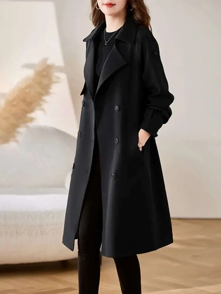 LANMREM Wine Red Windbreaker Women Lapel Double Breasted Mid Length Belt Jacket Coats Office Lady Fashion Clothes New 2DB1898