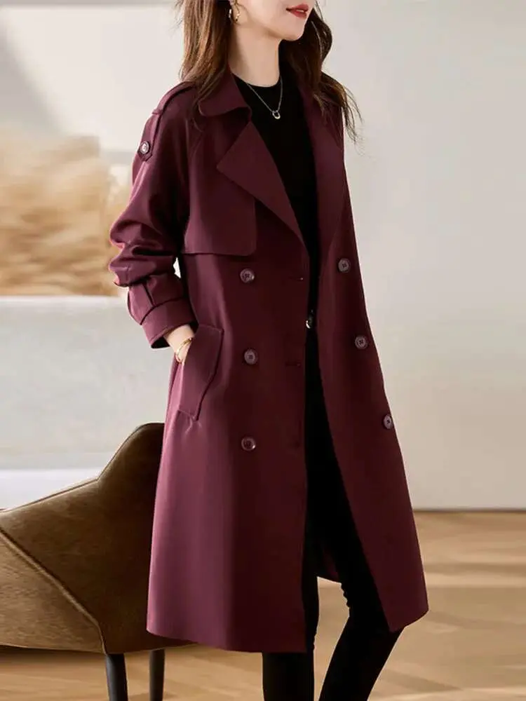 LANMREM Wine Red Windbreaker Women Lapel Double Breasted Mid Length Belt Jacket Coats Office Lady Fashion Clothes New 2DB1898