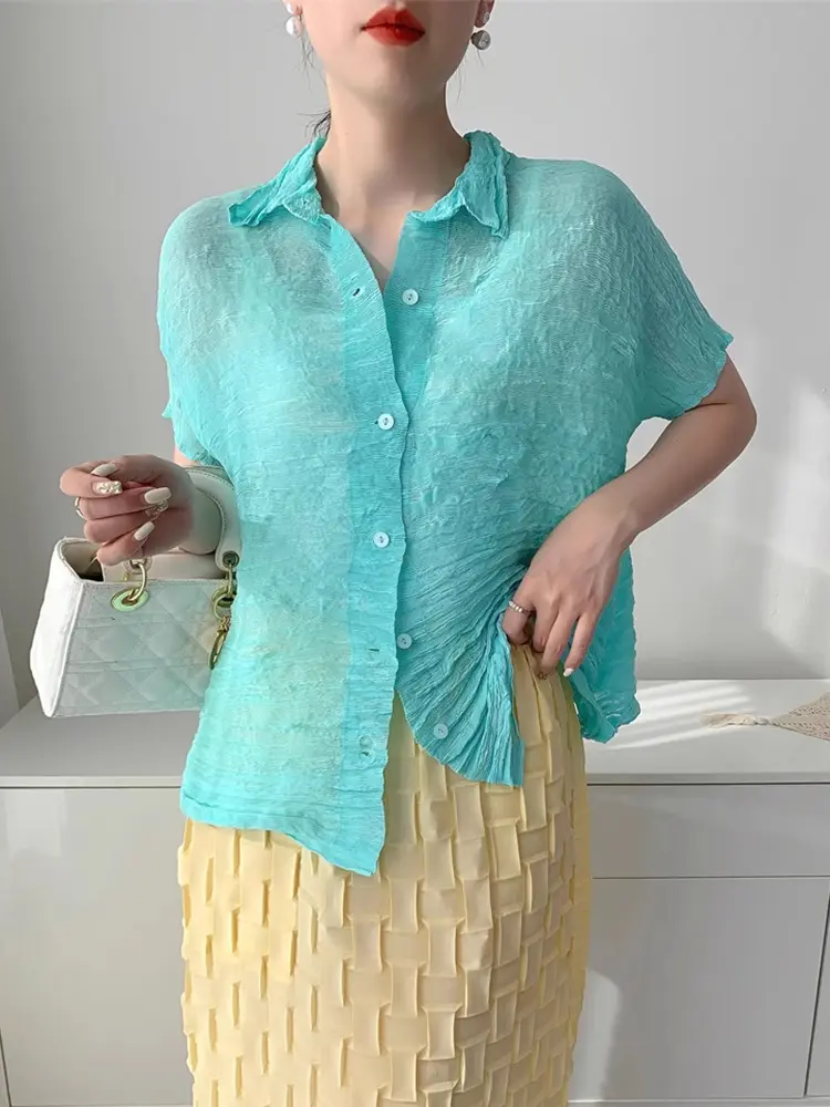 LANMREM Pleated Semitransparent Design Short Sleeve Shirts For Women 2025 New Single Breasted Tops 2025 Summer Clothing 2DB3109
