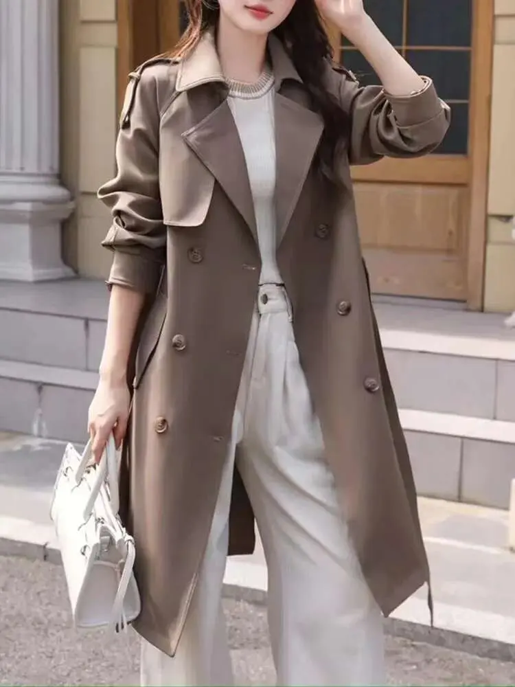 LANMREM Wine Red Windbreaker Women Lapel Double Breasted Mid Length Belt Jacket Coats Office Lady Fashion Clothes New 2DB1898