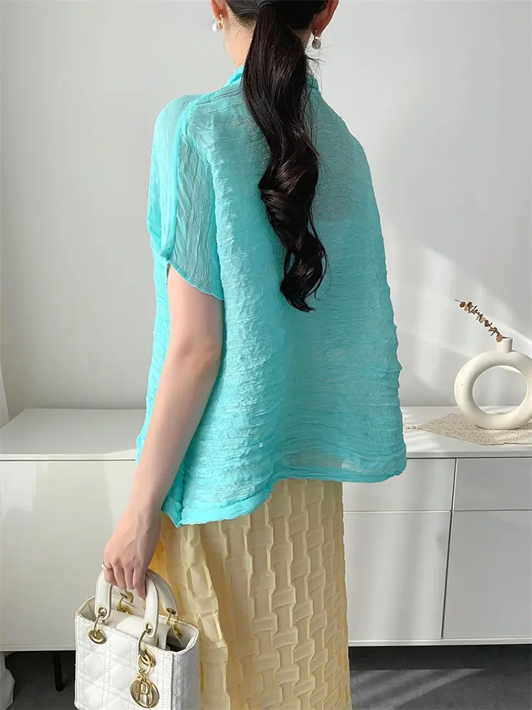 LANMREM Pleated Semitransparent Design Short Sleeve Shirts For Women 2025 New Single Breasted Tops 2025 Summer Clothing 2DB3109