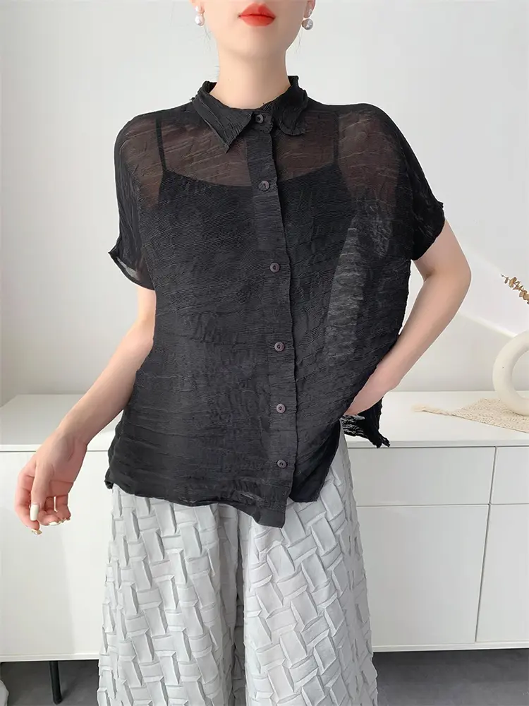 LANMREM Pleated Semitransparent Design Short Sleeve Shirts For Women 2025 New Single Breasted Tops 2025 Summer Clothing 2DB3109