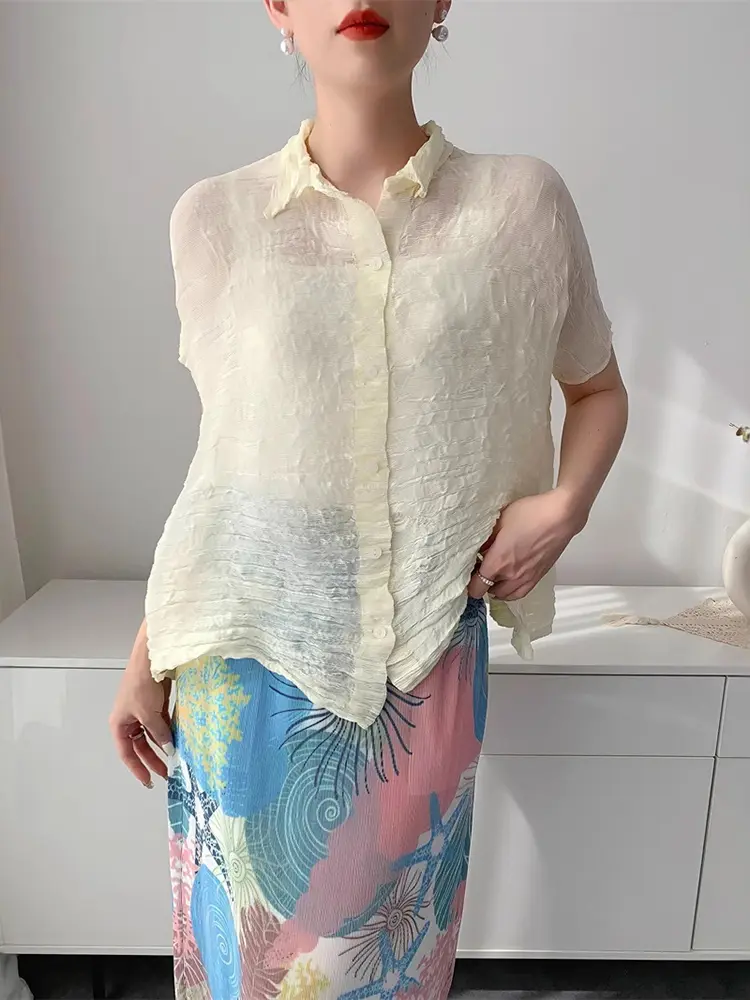 LANMREM Pleated Semitransparent Design Short Sleeve Shirts For Women 2025 New Single Breasted Tops 2025 Summer Clothing 2DB3109