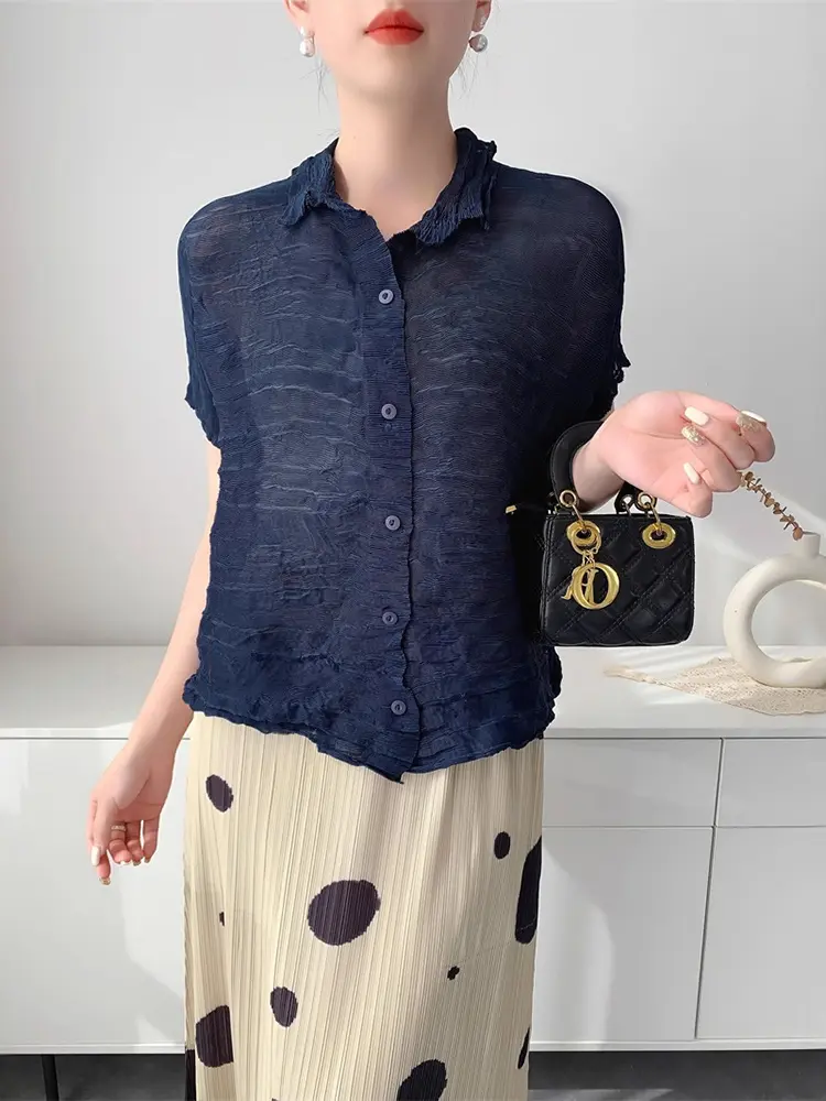 LANMREM Pleated Semitransparent Design Short Sleeve Shirts For Women 2025 New Single Breasted Tops 2025 Summer Clothing 2DB3109