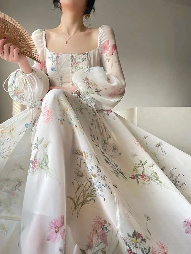 LANMREM Designer Print Midi Dresses For Women Square Collar Lantern Sleeves Evening Wedding Dress Spring New Clothing 3WQ3249