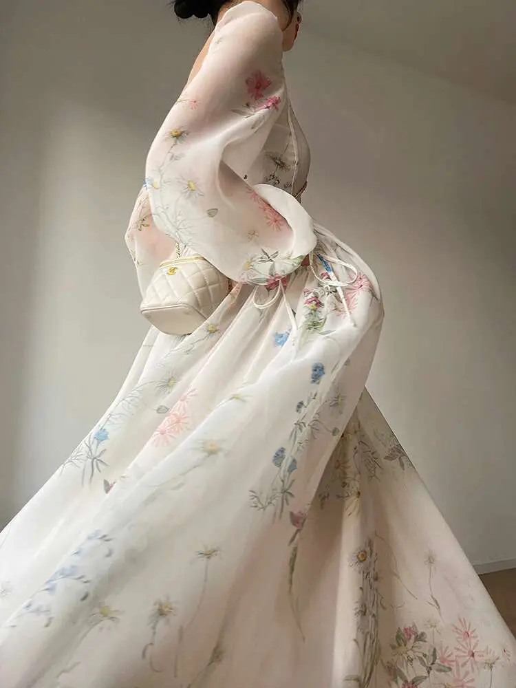 LANMREM Designer Print Midi Dresses For Women Square Collar Lantern Sleeves Evening Wedding Dress Spring New Clothing 3WQ3249