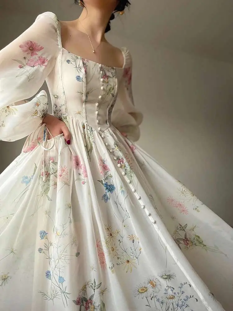 LANMREM Designer Print Midi Dresses For Women Square Collar Lantern Sleeves Evening Wedding Dress Spring New Clothing 3WQ3249
