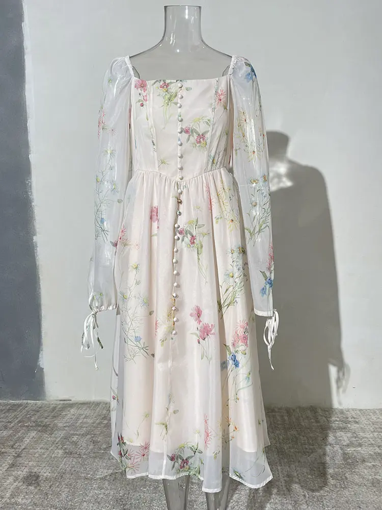 LANMREM Designer Print Midi Dresses For Women Square Collar Lantern Sleeves Evening Wedding Dress Spring New Clothing 3WQ3249