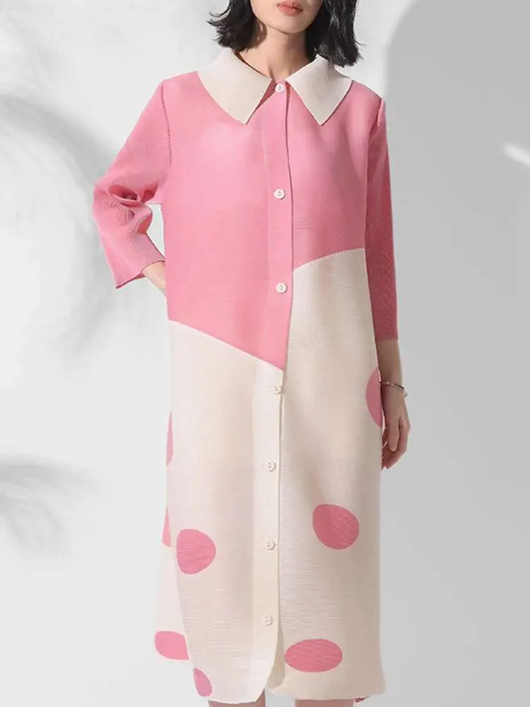 LANMREM Pleated Dot Dress For Women Lapel Single Breasted Contrast Color Mid Length Dresses 2025 Spring Autumn New 2Z2499