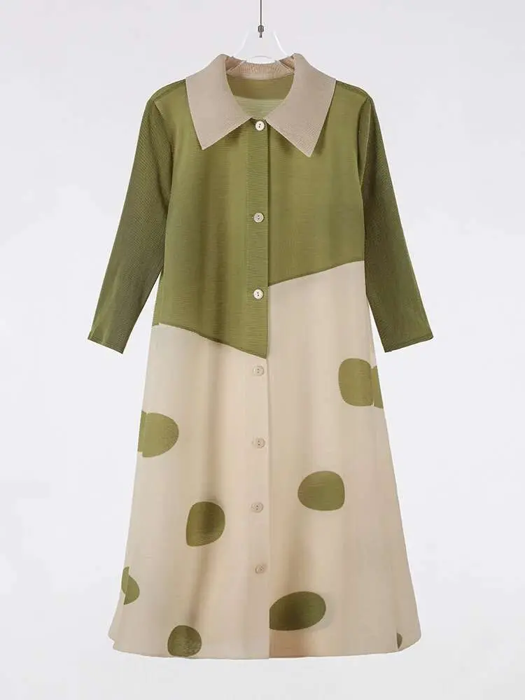 LANMREM Pleated Dot Dress For Women Lapel Single Breasted Contrast Color Mid Length Dresses 2025 Spring Autumn New 2Z2499