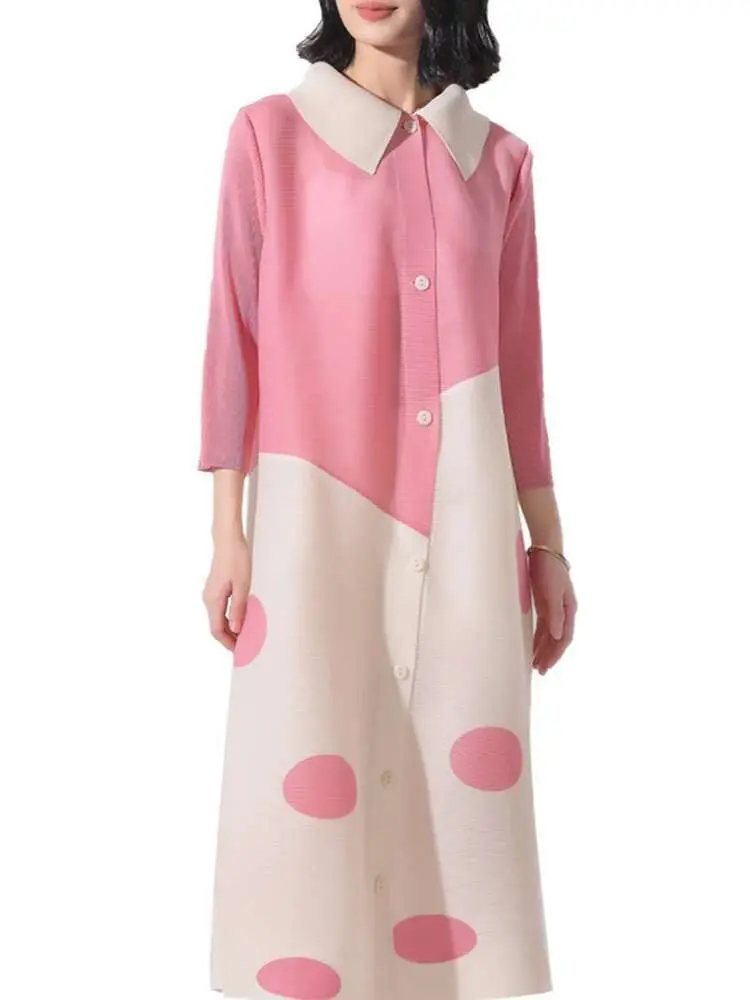 LANMREM Pleated Dot Dress For Women Lapel Single Breasted Contrast Color Mid Length Dresses 2025 Spring Autumn New 2Z2499