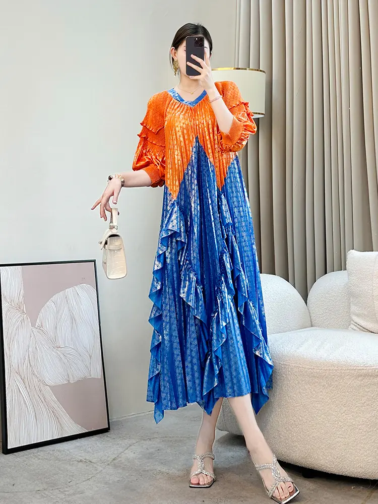 LANMREM Color-block Patchwork V Collar Summer Pleated Women's Dress Loose Ruffled Panelling‌ Design Half Sleeve Clothing 2DB3373