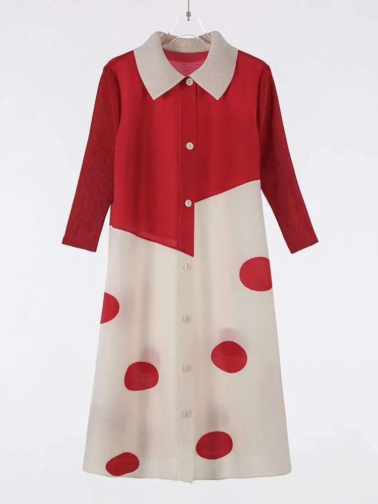 LANMREM Pleated Dot Dress For Women Lapel Single Breasted Contrast Color Mid Length Dresses 2025 Spring Autumn New 2Z2499