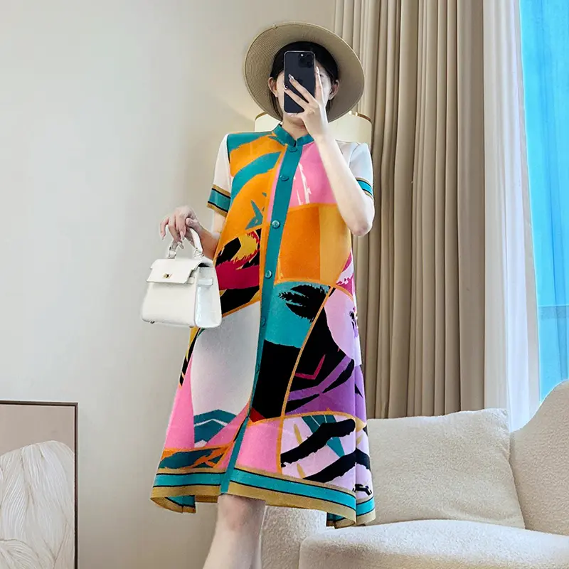 LANMREM Colorblock Print Pleated Women's Dress Summer Chic Short Sleeve Single Breasted Short Sleeve Elastic Dresses New 2DB3874