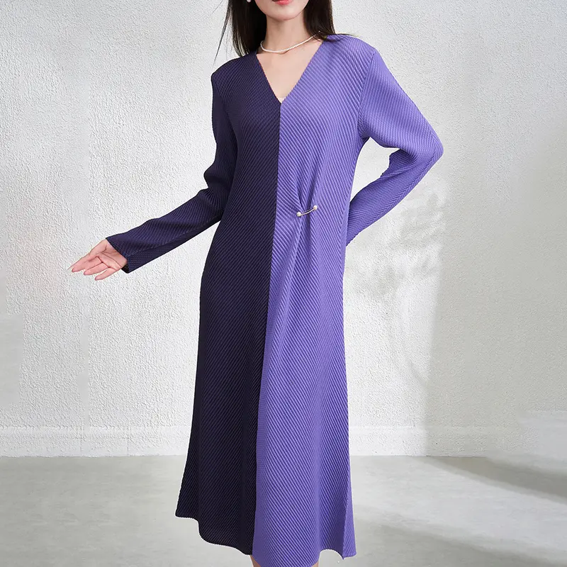 LANMREM French Style V-neck Dress For Women 2025 Autumn New Fashionable Elegant Colorblock Patchwork Long Sleeve Dresses 2DB3860