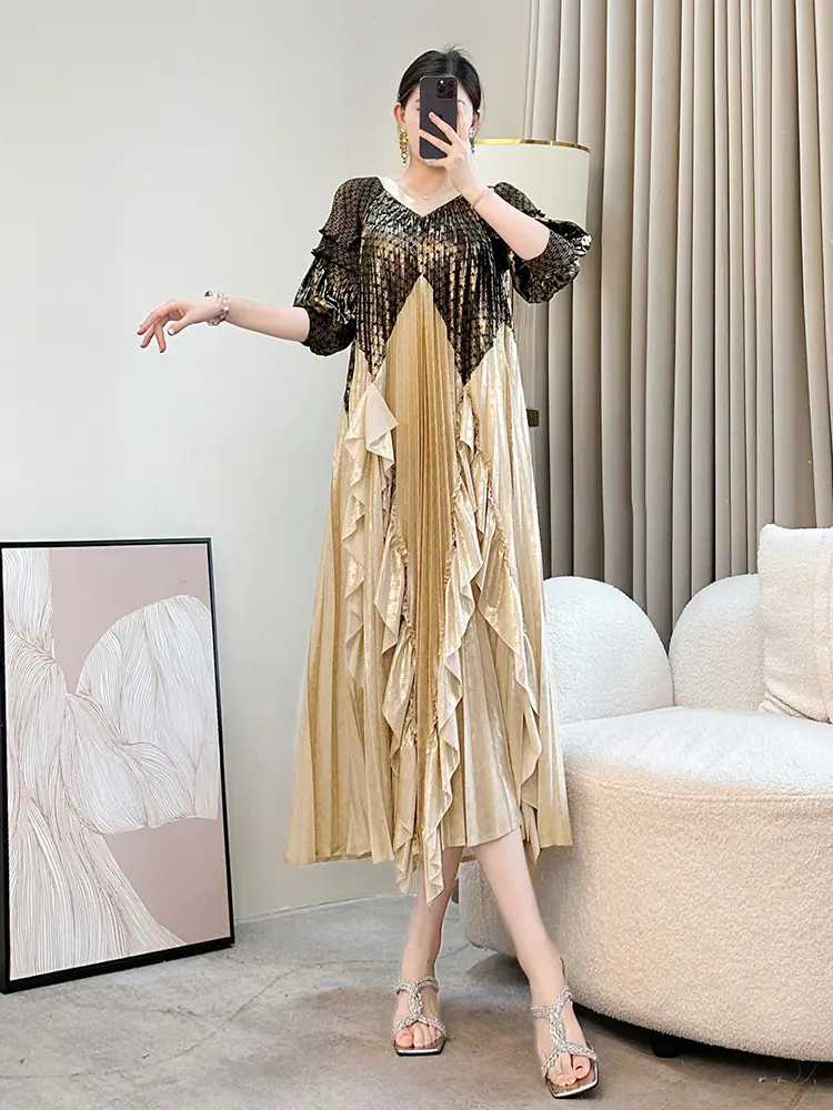 LANMREM Color-block Patchwork V Collar Summer Pleated Women's Dress Loose Ruffled Panelling‌ Design Half Sleeve Clothing 2DB3373