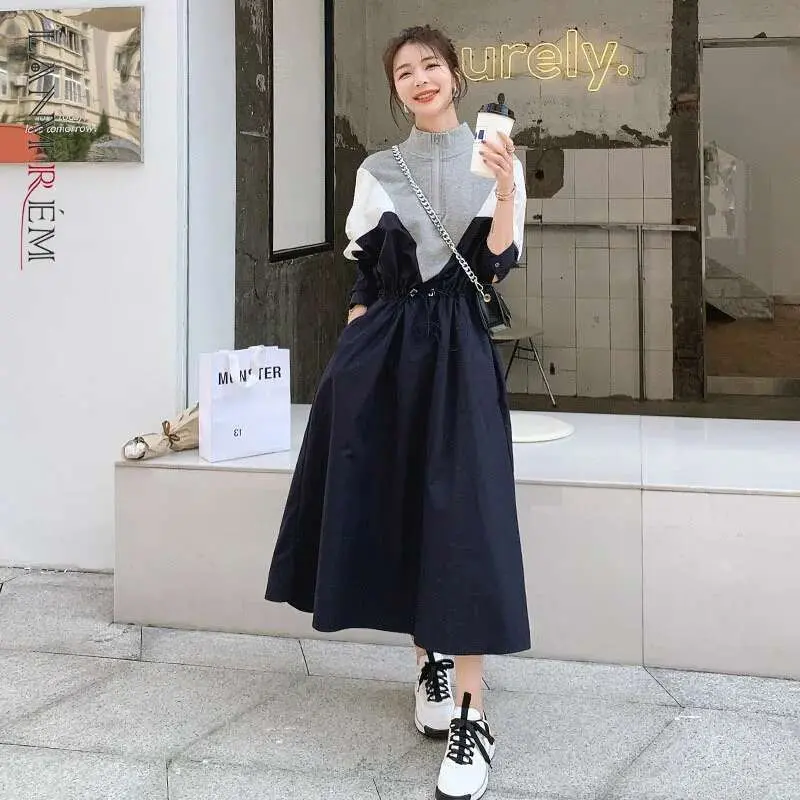 LANMREM 2025 Spring Korean Style Long-sleeved Mid-length Fashion Design Contrast Color Drawstring Stitching Dresses Female 2W144