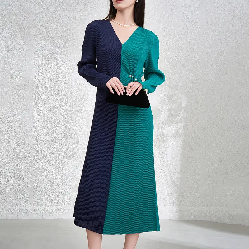 LANMREM French Style V-neck Dress For Women 2025 Autumn New Fashionable Elegant Colorblock Patchwork Long Sleeve Dresses 2DB3860